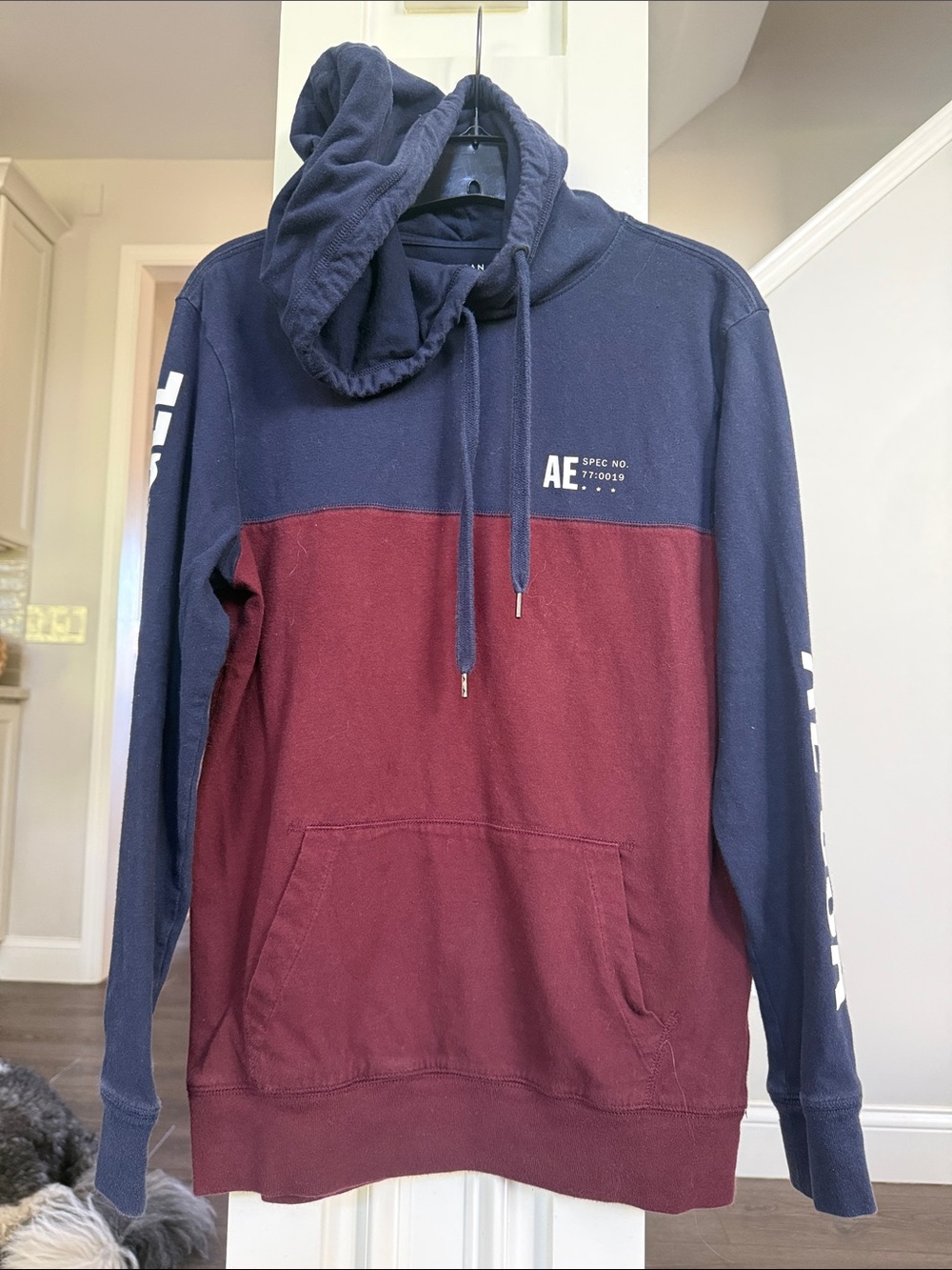American Eagle Men's Two-Tone Hooded Sweatshirt Navy & Burgundy With White XS